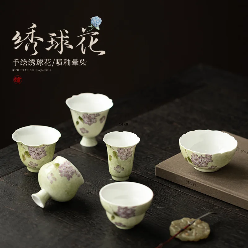 

Hand-painted Hydrangea Tea Cup with Coaster Home Ceramic Kung Fu Tea Set Chinese Style Master Cup Personal Exclusive Tea Cup
