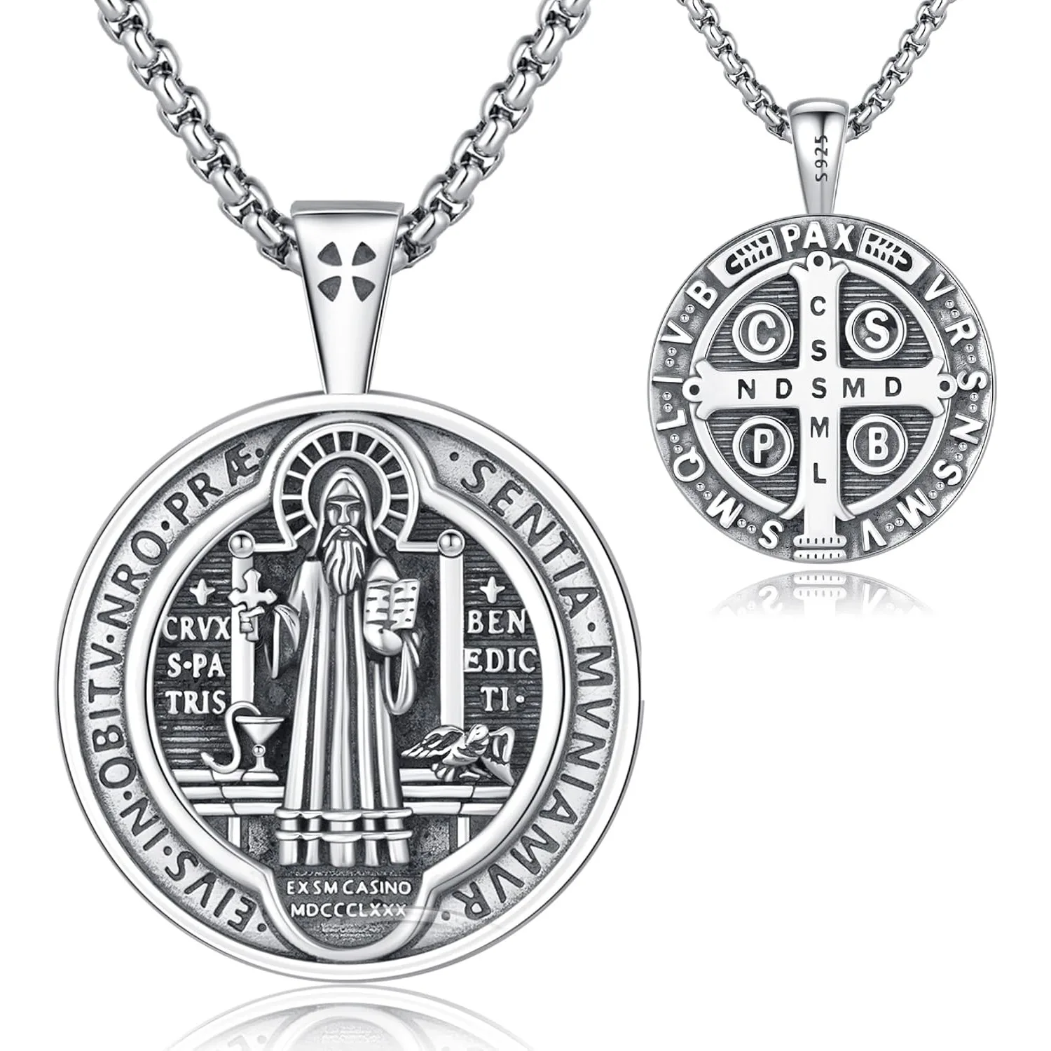 

Ожерелье Святого Бенедикта, стерлинговое серебро 925 пробы, медаль Святого Бенедикта, кулон, амулет, ювелирные изделия, подарки для мужчин и женщин, день рождения, Рождество