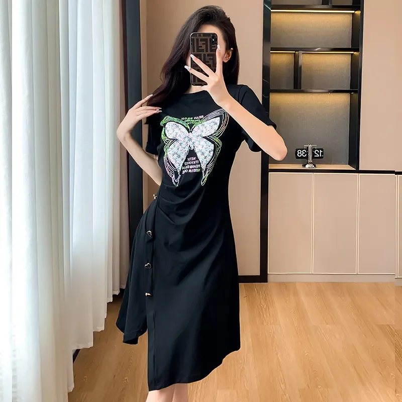 Women's Summer Fashion Heart Button Split Black Dress Korean Lady Casual O-Neck Butterfly Short Sleeve T Shirt Dresses 2024