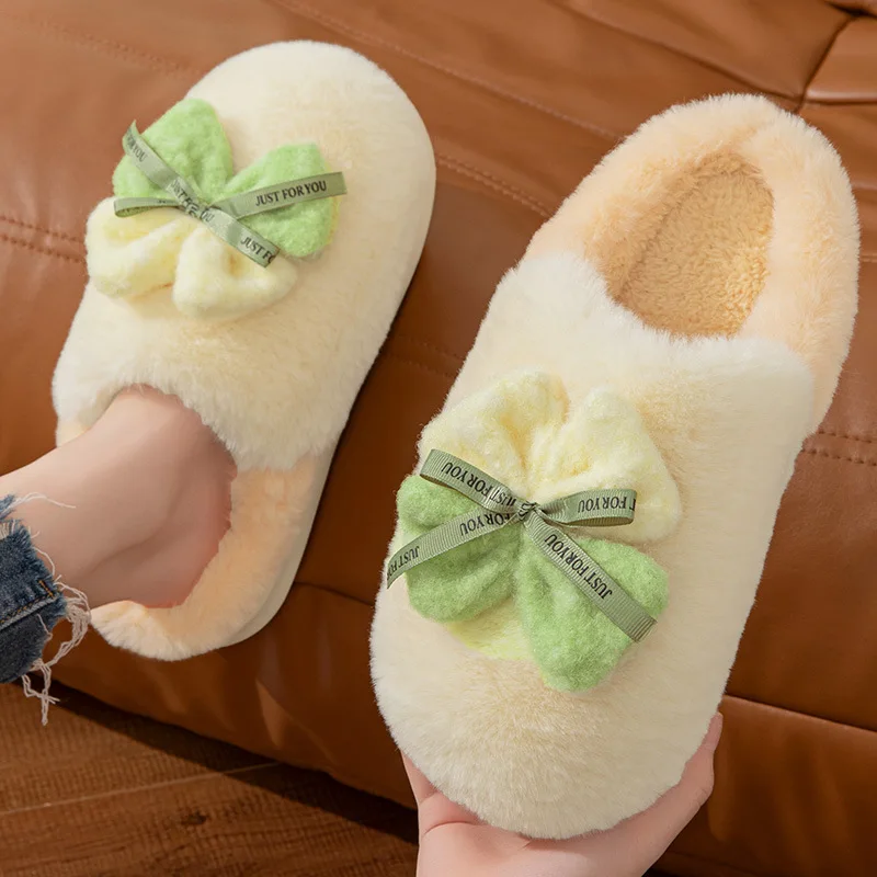 

New pink bowknot slippers women fleece furry slides home shoes woman winter warm fluffy flip flops youth girl sweet room slipper