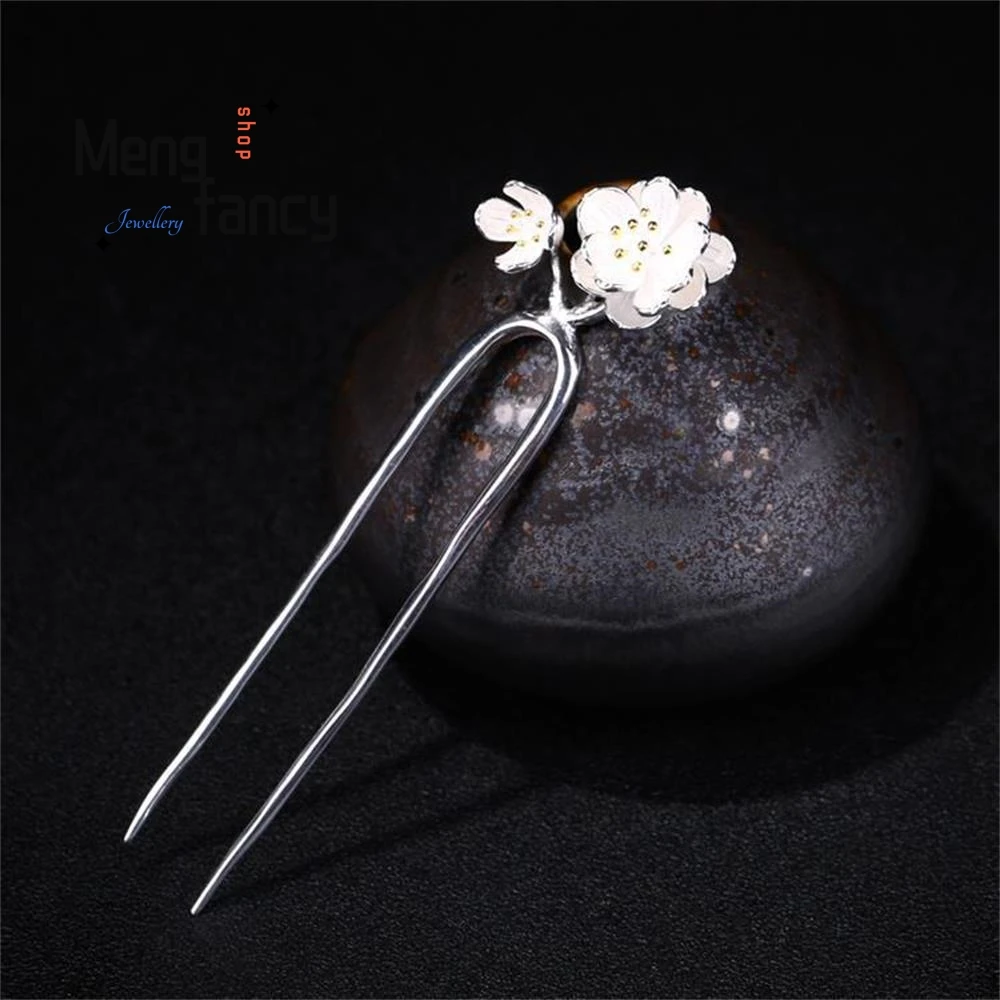 

Ancient Style Hanfu Three Lives Three World Ten Miles Double Peach Blossom Hairpin Silver Plated U-Shape Luxury Elegant Headgear