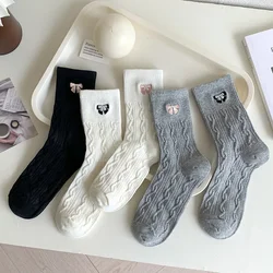 Embroidery Bow Kawaii Socks Women Korean Style Solid Color Cotton Long Socks Autumn Winter Harajuku Streetwear Middle Tube Socks