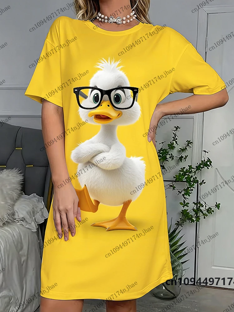 2027 New Fashion Funny Duck Print Women‘s Short Sleeved T-shirt Dress Summer Hawaii Vacation Casual Clothes Female Dresses Tops