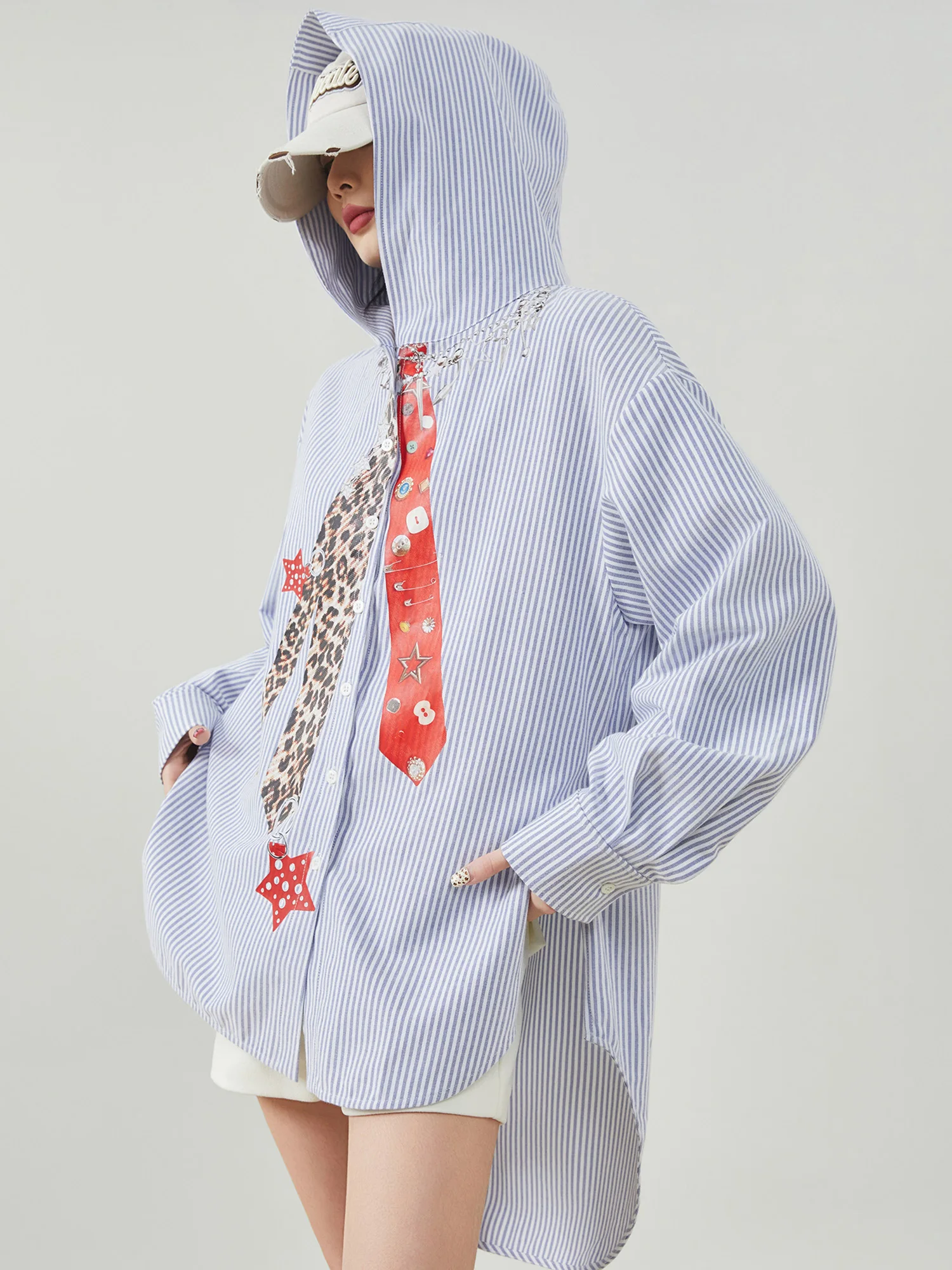 

Blue Striped irt with Hood Print Loose Women's Casual Sle Polyester Fiber Long Sve Mid-Length Coat Casual irt