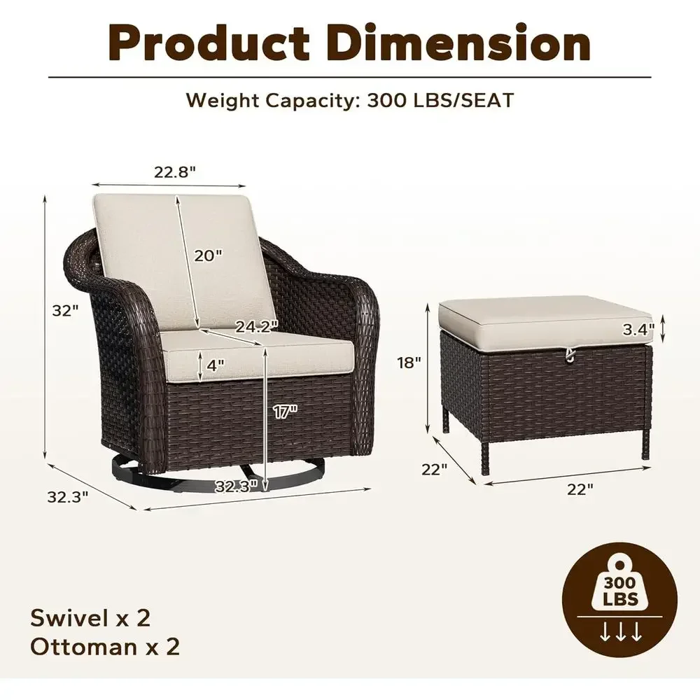 4-Piece Outdoor Wicker Seating Set: 2 Swivel Chairs + 2 Ottomans, Weather-Resistant, Suitable for Porch, Backyard, Balcony, Pool