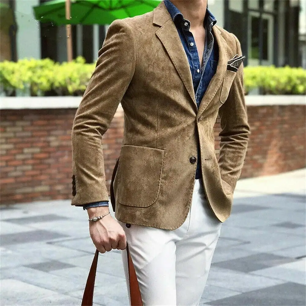 

Khaki Suede Men's Blazer Casual Sports Slim Fit British Style Slim Fit Coat Fashionable casual Autumn Jacket