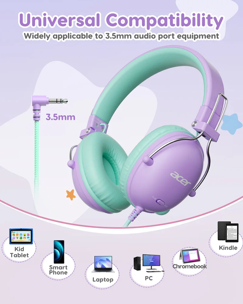 Acer Kids Headphones 74/85dB Safe Volume Kids Headphones with Cord 3.5mm Jack Stereo Wired On-Ear Headphones for Boys Girls