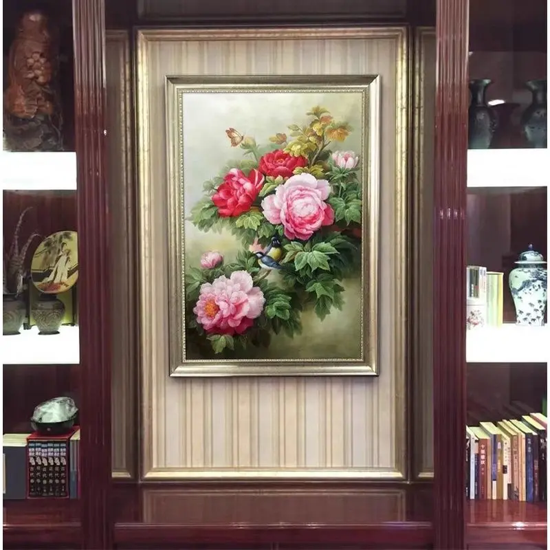 

Handmade cross stitch finished product in the foyer, blooming with rich and noble peony flowers, new vertical version in the