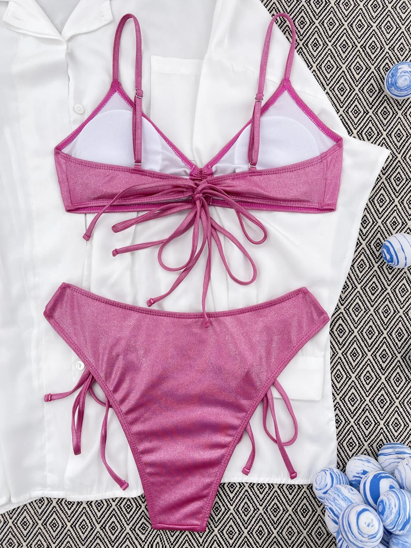 

sexy rose red glitter metallic bikinis sets two pieces drawstring tie swimsuit bathing suit beach outfits swimwear biquini