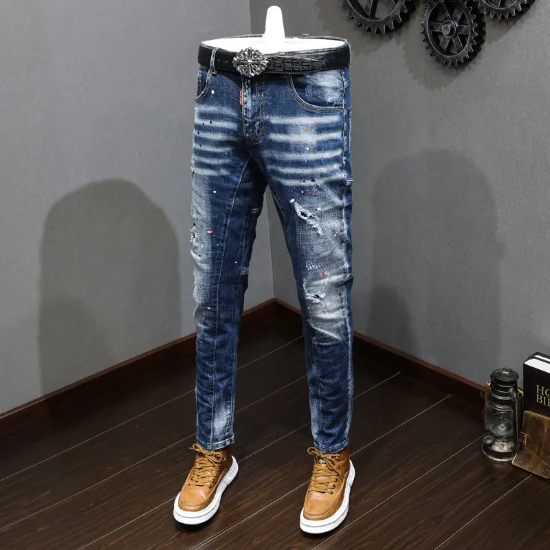 

High Street Fashion Men Jeans Retro Blue Stretch Slim Fit Painted Ripped Jeans Men Spliced Designer Hip Hop Vintage Denim Pants