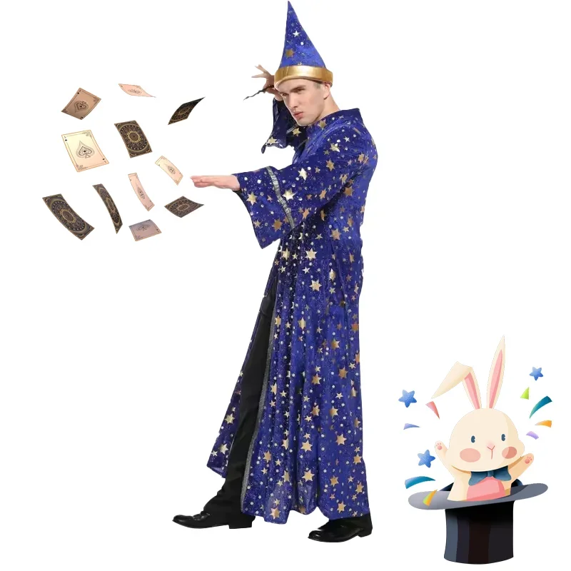 FC6Men Abito blu e cappello Star Moon Magic Mago Costume da mago Costume da mago unisex Mantello e cappello da mago Abiti @ FC8!