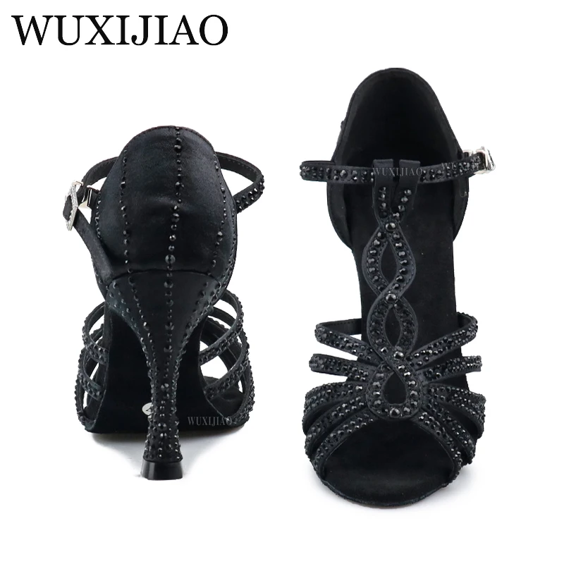 WUXIJIAO Latin Dance Shoes Women\'s New Fuchsia Satin Shiny Rhinestone Cuban High Heels 9cm Salsa Dance Shoes