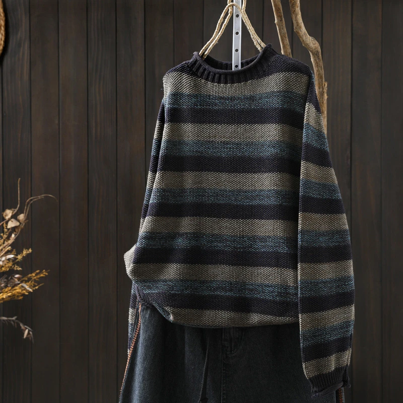 

Women Long Sleeve Knitted Pullovers New Arrival 2025 Autumn Simple Style O-neck Striped Loose Female Casual Sweaters M2070