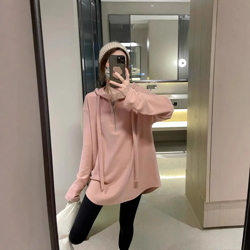Plus-size Women's Autumn and Winter New Arrival Solid Color Loose Slimming Versatile Fleece-lined Warm Hooded Sweatshirt