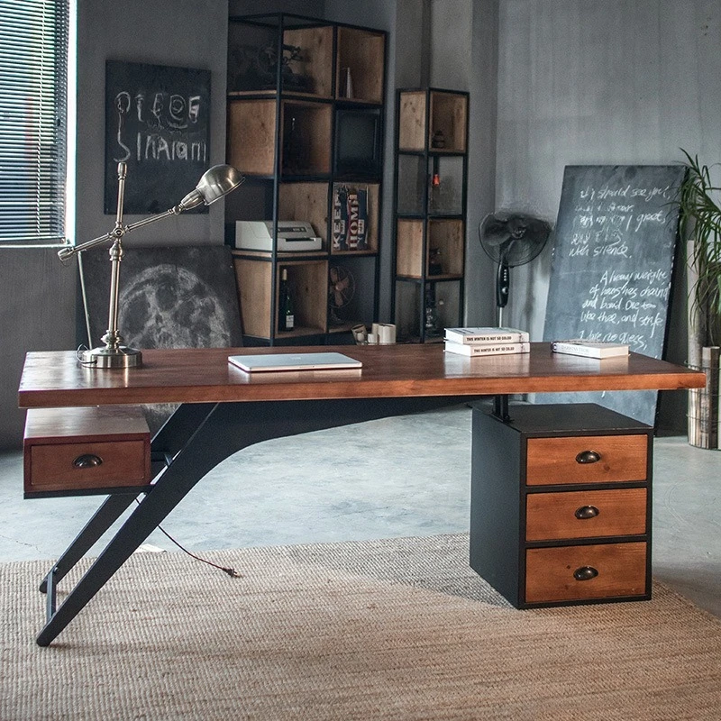 

American Retro President's Solid Wood Boss Industrial Style Personalized Office with Drawers Wrought Iron Computer Desk