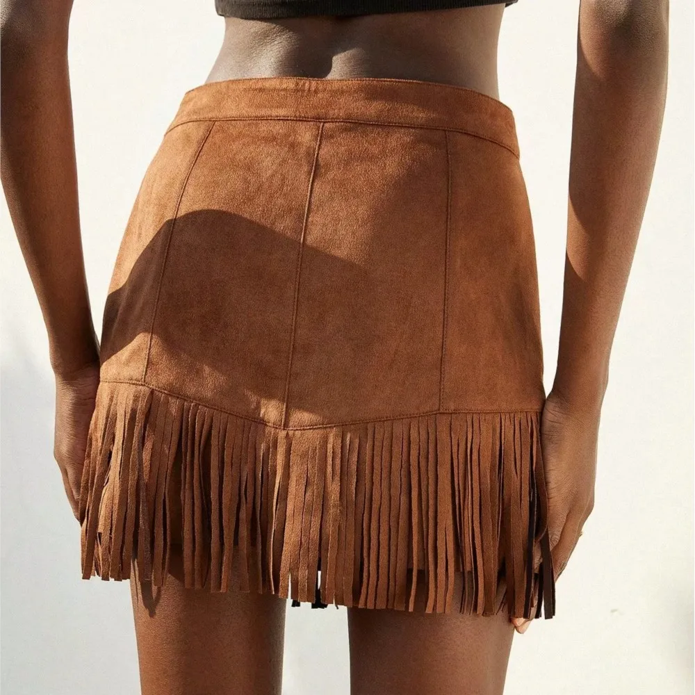 Temperament Suede Skirt Retro Solid Color Versatile Spring Summer Elegant Casual Daily Tassel Rivet Micro-elastic A-line Skirt