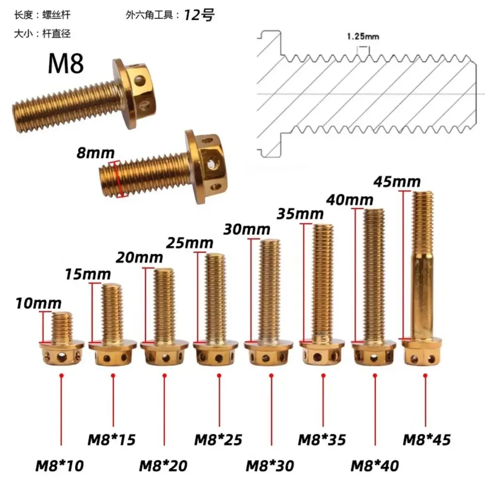 M6 M8 Titanium Bolt With Drilled Holes Gold/Burnt Blue Titanium Flange 10/15/20/25/30/35/40/45/50/60 Titanium Screws Motorcycle
