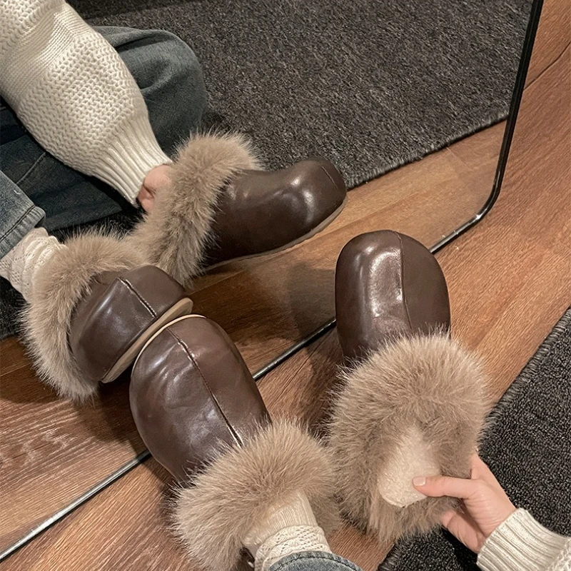 خمر سميكة وحيد النساء الفراء البغال النعال الراحة الدافئة فستان قطني أحذية الخريف الشتاء السيدات موجزة في الهواء الطلق الانزلاق على الشرائح #3