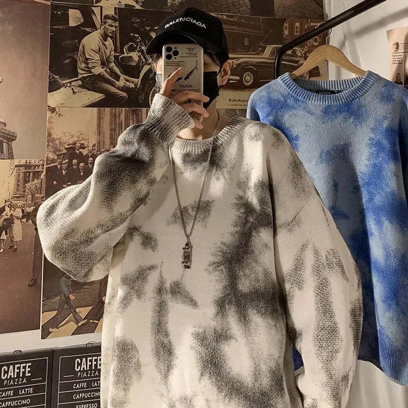 

Tie Dye Chic Knitted Pullovers Autumn Winter Vintage O-Neck Men's Clothing Loose High Street Casual Spliced Long Sleeve Sweaters