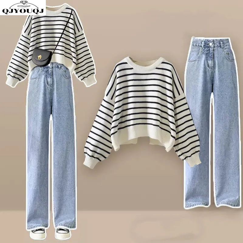 2024 Autumn/Winter Women\'s Set Korean Loose Knitted Sweater+High Waist Wide Leg Jeans Two Piece Set Trendy