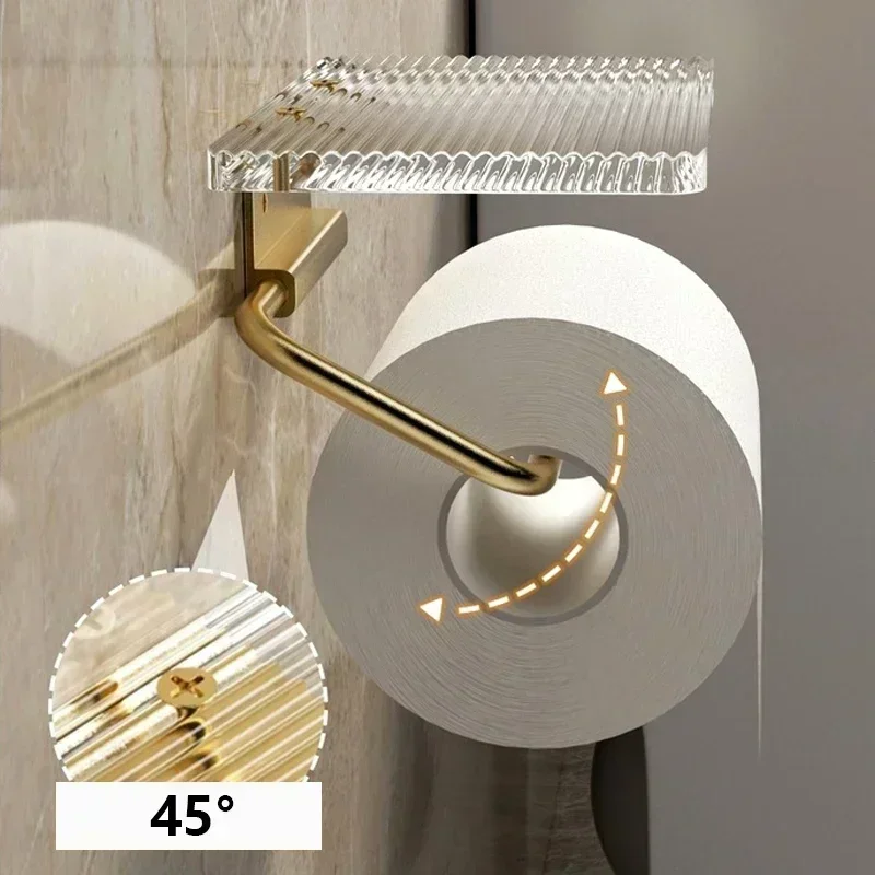 Soporte de papel higiénico dorado de lujo con estante sin perforación, portarrollos de papel acrílico, colgador de pañuelos, accesorios de baño