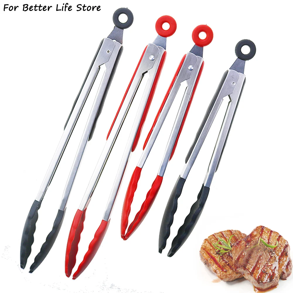 1Pc  9/12 Inches Silicone BBQ Grilling Tong Kitchen Cooking Salad Bread Serving Non-Stick Barbecue Clip Clamp Stainless Tools