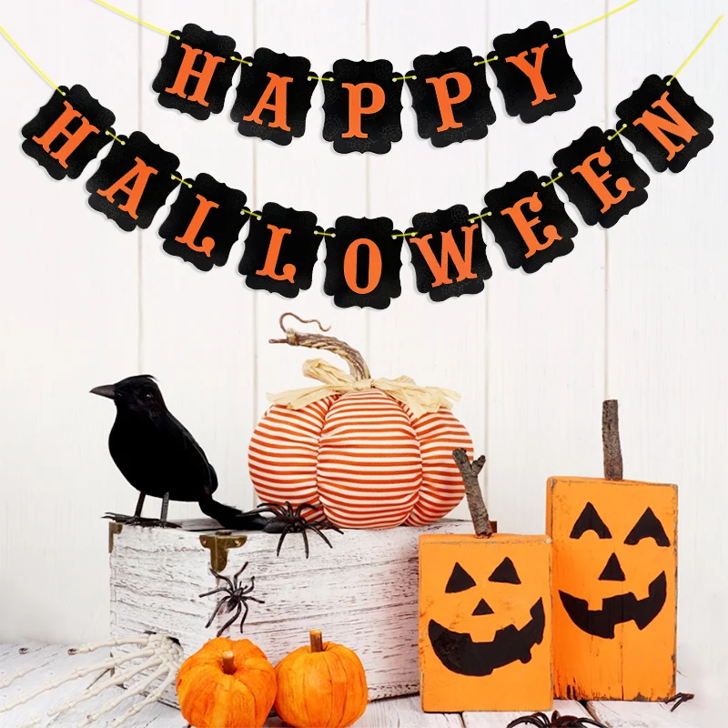 2023 Happy Halloween Banner Garland Orange Black Paper Photo Booth Props Halloween Party Decorations Kids Child Favors Gift