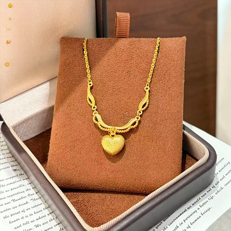 Genuine 24K Gold Brushed Heart Pendant Necklace - Chinese Guochao Ethnic Collarbone Choker, Luxury Fine Jewelry For Women