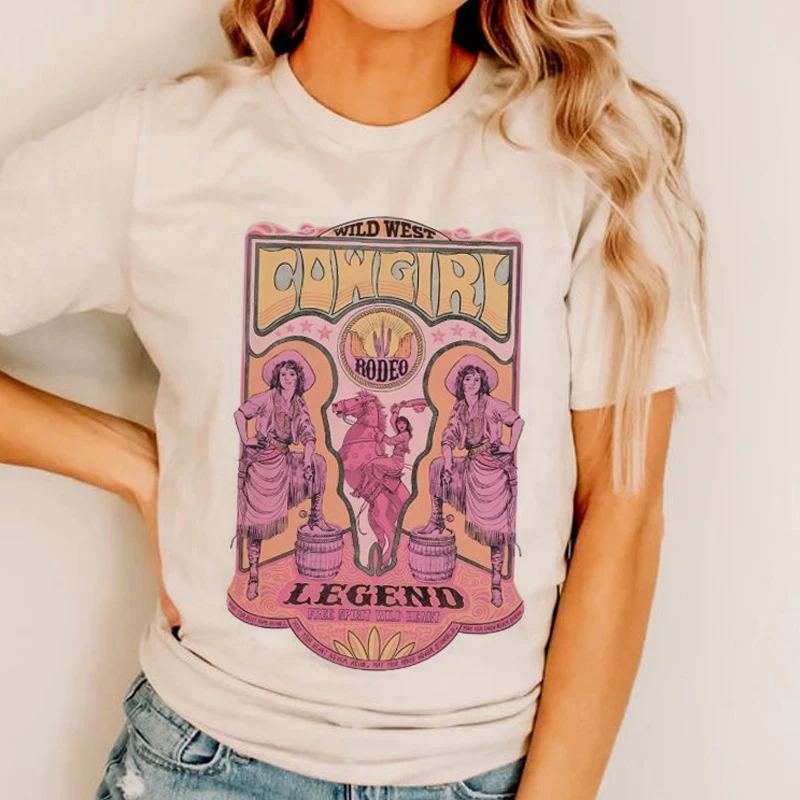 Wild West Cowgirl T-Shirts for Women 70s Retro Western Rodeo Shirt Tops Short Sleeve Vintage Boho Graphic Tees Hippie Clothes