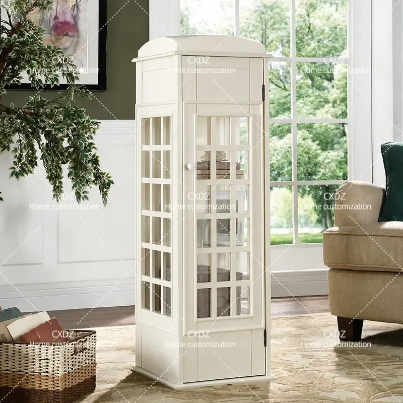 Retro American Style Floor to Ceiling Bookcase with Door Creative British Phone Booth Design Low Cabinet Storage Furniture