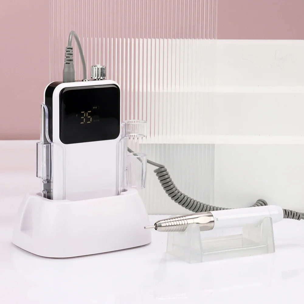 

Pure White 85w Rechargeable Nail Drill Machine Sander Manicure Tool Quiet Brushless 35000rpm Cordless Drilling Base White in Set