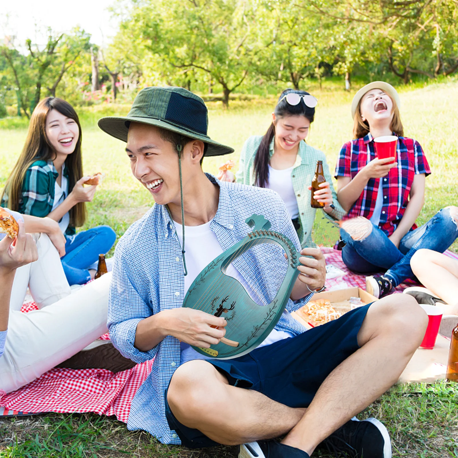 

16-String Wooden Lyre Portable Handheld Musical Instrument Blue Solid Wood String Instrument Ancient Style Harp Retro Wood Lyre