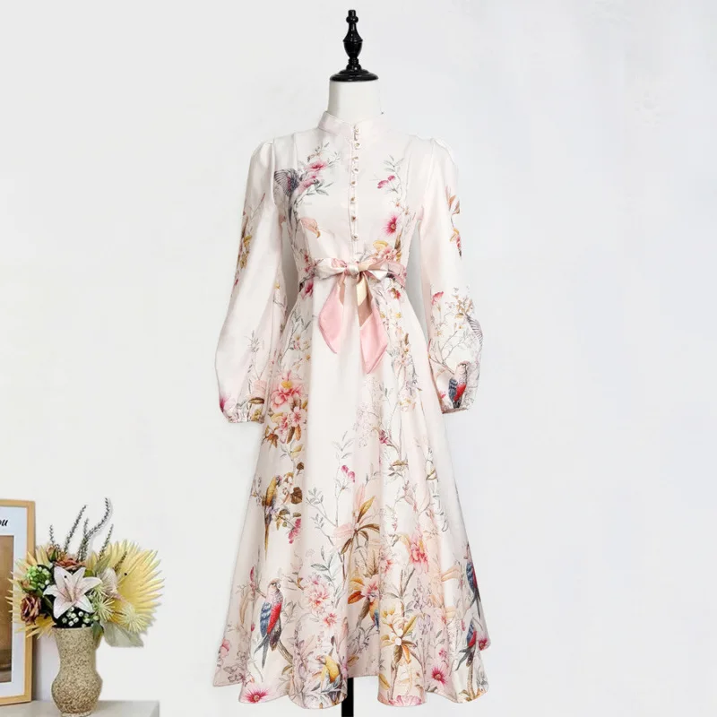 Ele Flird imprimé Midi Dr col montant lanterne Sve rose printemps été nouveauté australien Sle femmes Dr