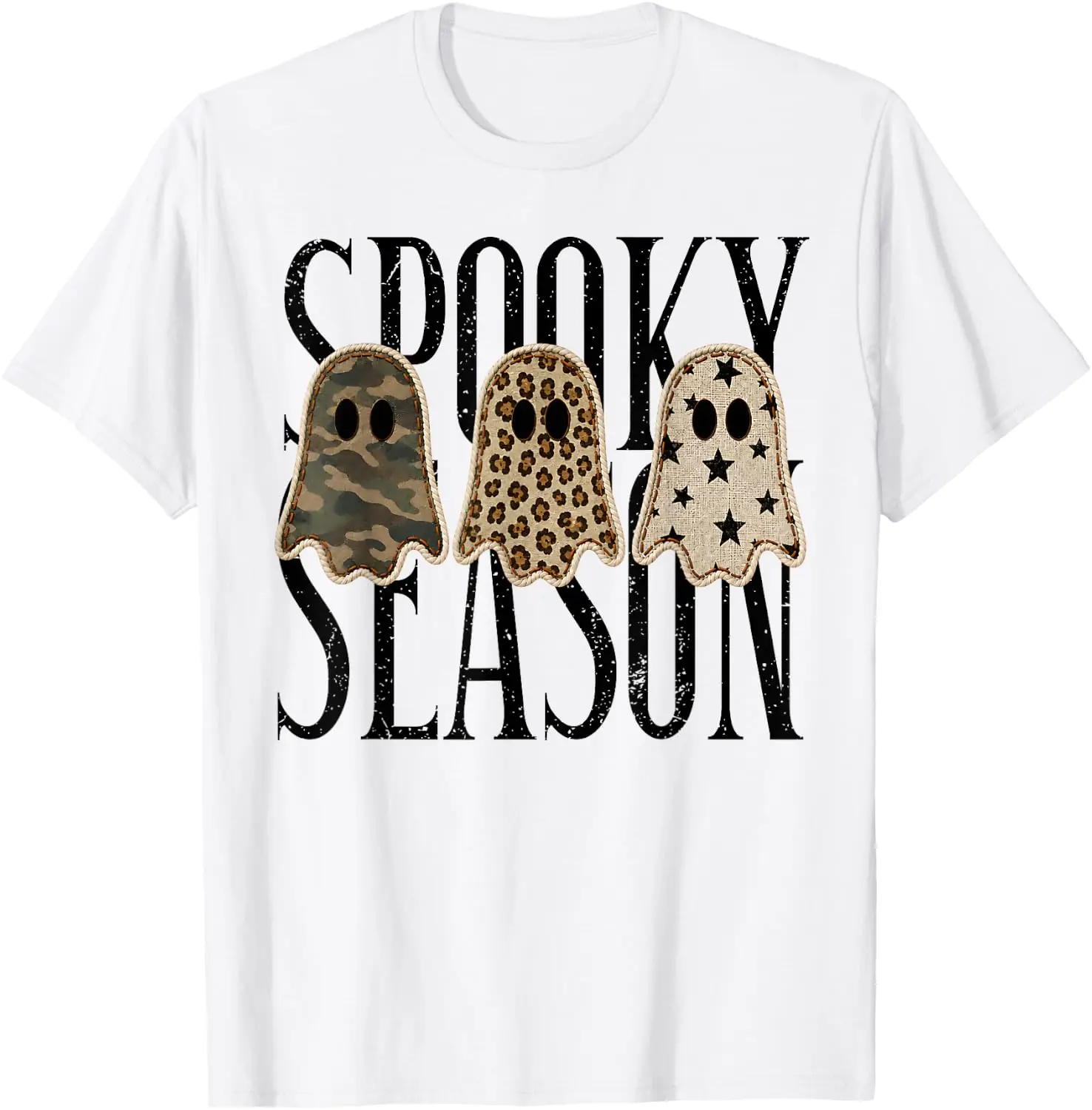 Retro Patchwork Ghosts Camo Leopard Halloween Spooky Season T-Shirt Breathable, heavyweight pure cotton short-sleeve top—stylish, plus-size, and suitable for year-round wear with a sporty, casual vibe