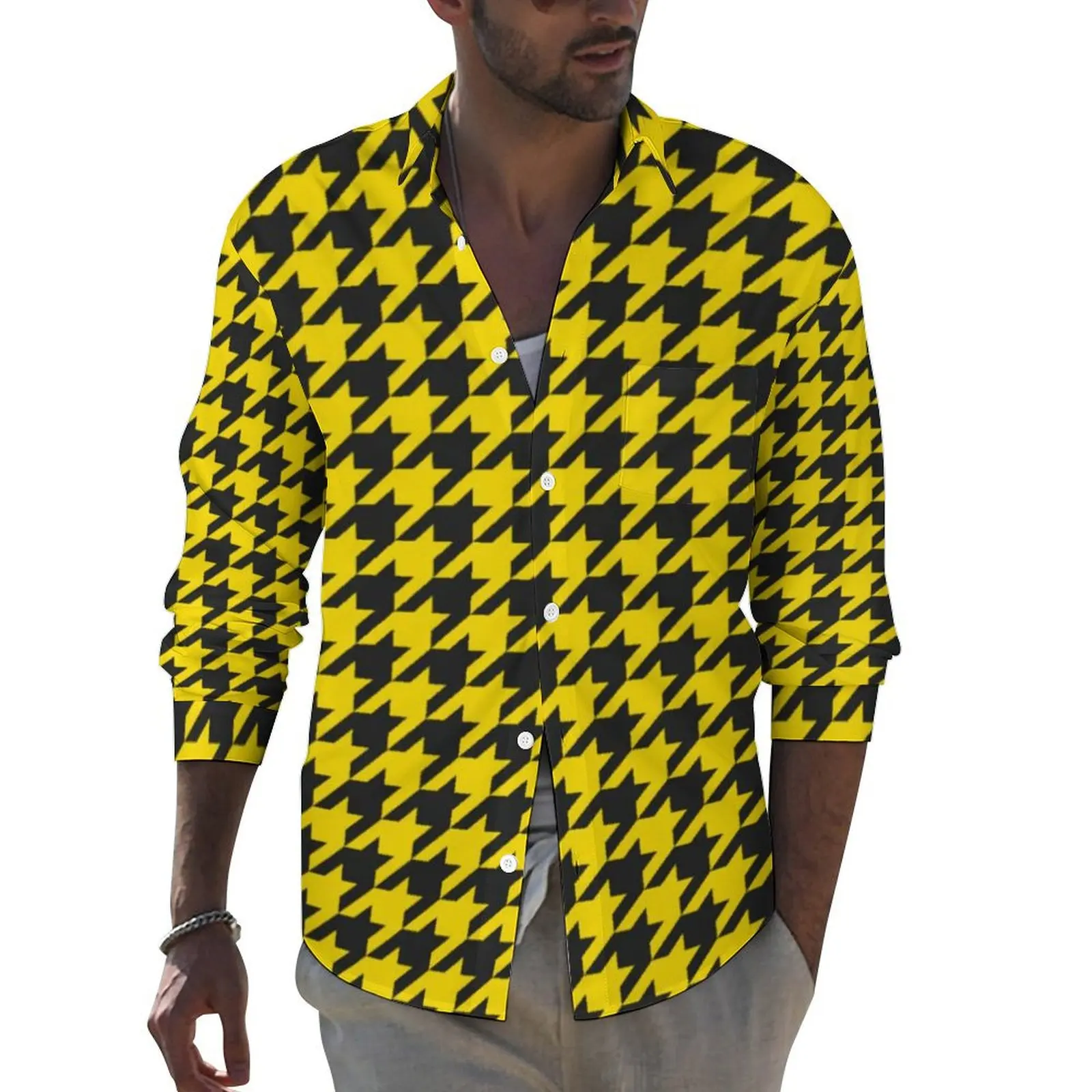 

Yellow Black Houndstooth Shirt Vintage Print Casual Shirts Long Sleeve Printed Street Blouses Spring Vintage Oversized Clothing