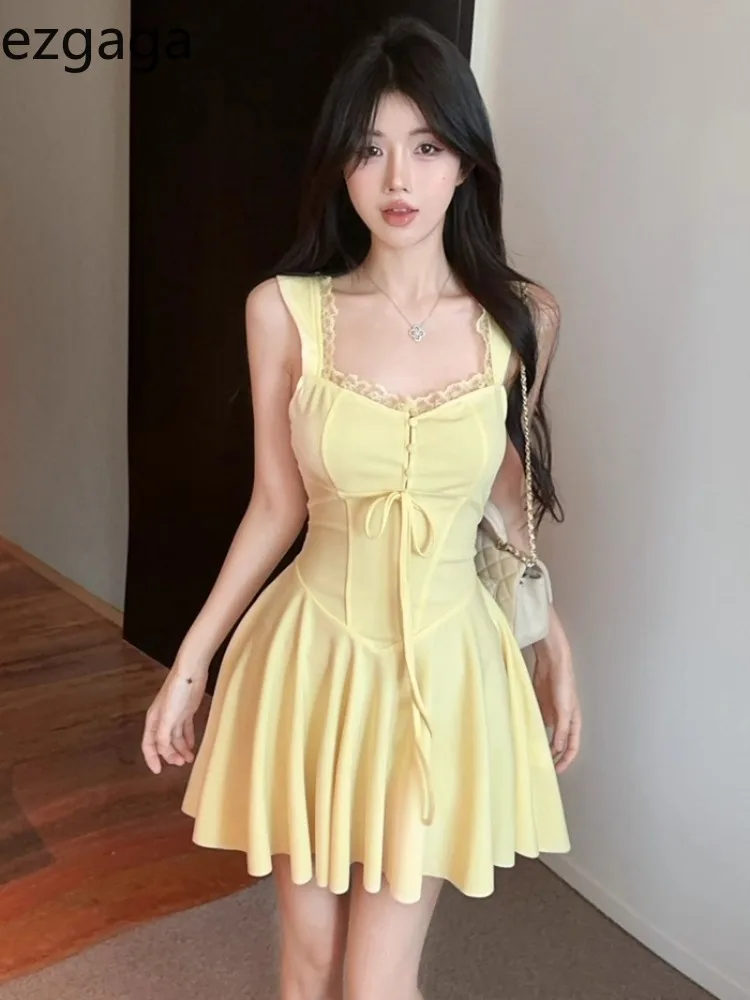 

Ezgaga Mini Dresses Women Sweet Lace Patchwork Sleeveless Slim Backless Bandage Square Collar Backless Party Dress Ladies