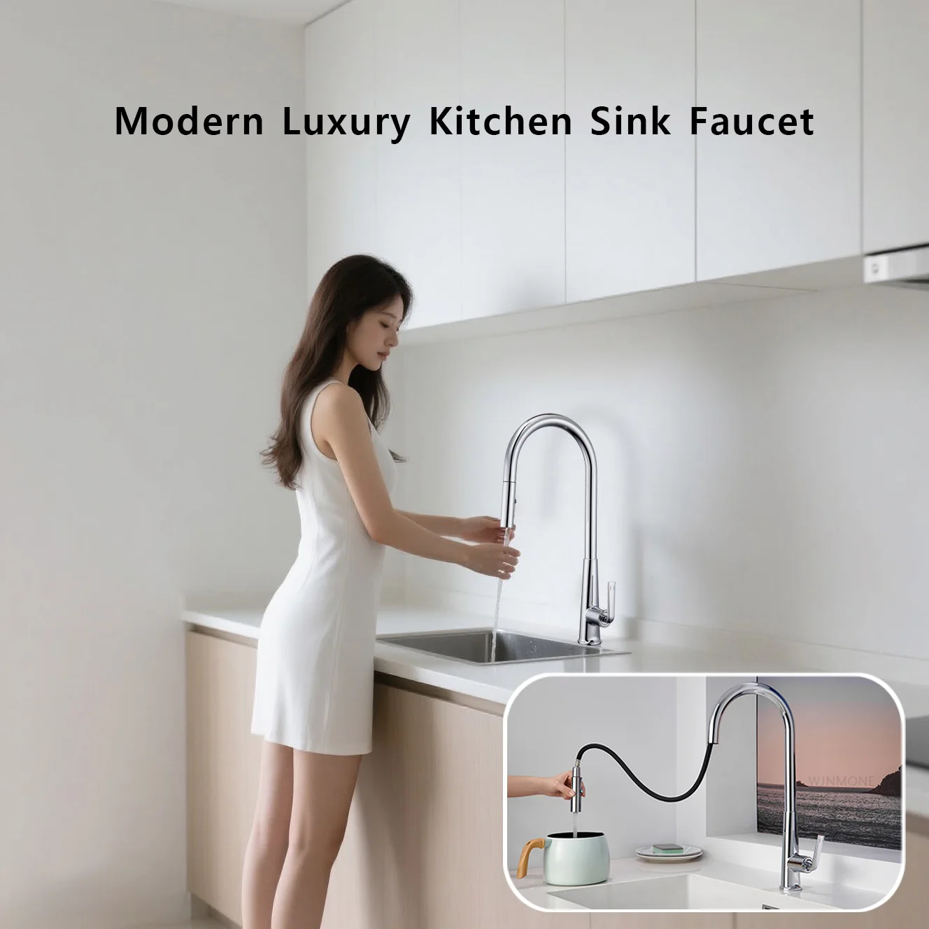 Luxury Modern Kitchen Washing Dishes Faucet Water Saving Brass Mixer Kitchen Faucet Rotary Pull-out Sprayer Kitchen Sink Faucets