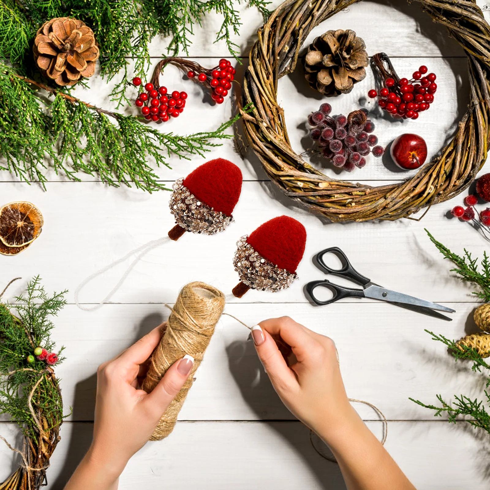 

6pcs Wool Felt Acorn Hanging Decoration Mini Artificial Acorn For Christmas Home Decor Xmas Tree Ornament Diy Craft Vase Filler