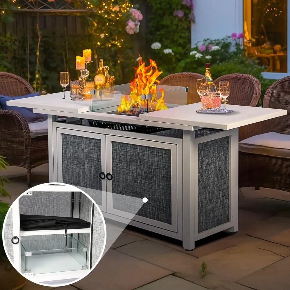 

42inch Fire Pit Table, Removable Desktop, 2 Tier Storage shelves, Tempered Glass, Rain Cover, Rectangular Propane Fire Pit Table