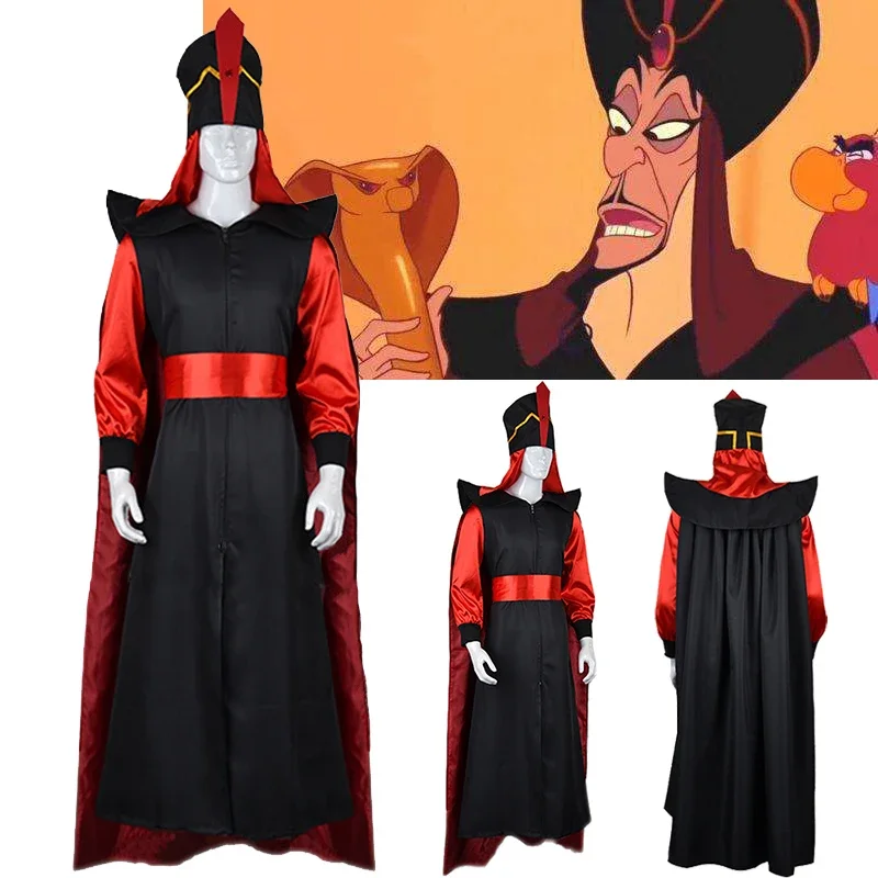 The Arabian Nights Aladdin Jafar Cosplay Costume Jafar Wizard Cape and Hat Clothes Suit Aldult Halloween Party for Man Woman