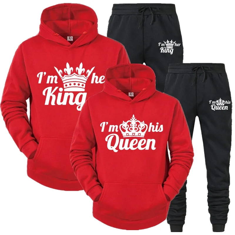 Lover Tracksuit Hoodies Printing QUEEN KING Couple Sweatshirt Plus Size Hooded Clothes Hoodies Women Two Piece Set