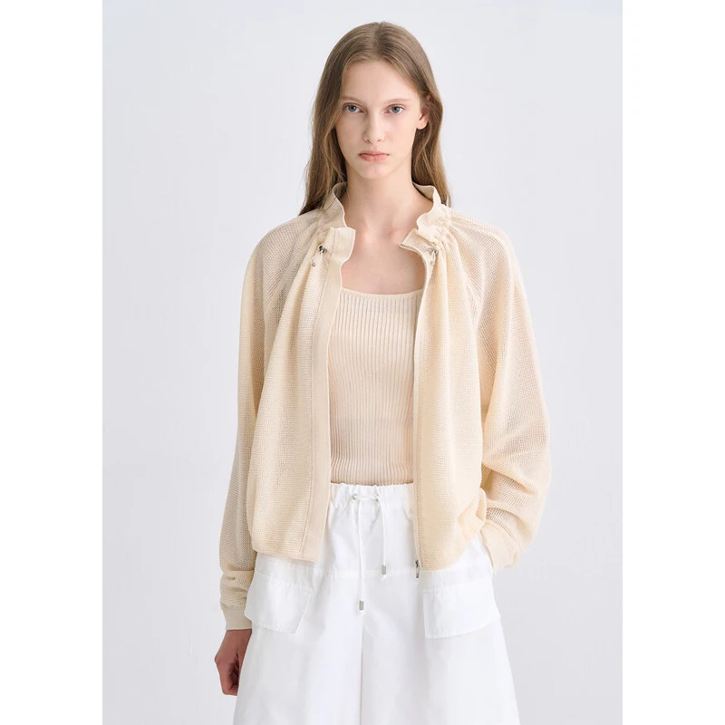 

Women's Knitted Open Cardigan Jaet Hollow out Lace Collar Gathered Loose Fit Long Sve Thin Summer Autumn Faion Item