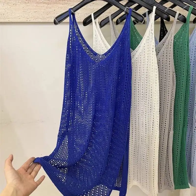 المرأة ثقب فضفاض فستان الصيف سترة تانك أكمام الدانتيل متماسكة محبوك الجنين الكروشيه بلوزة الشاطئ بوهو عادية نقطة فساتين متوسطة الطول