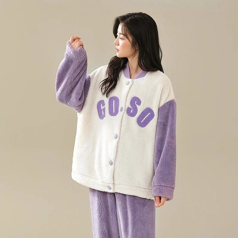 Women's Purple and White Coral Fleece Pajama Set, Button-Front Top and Long Pants, Cozy Loungewear
