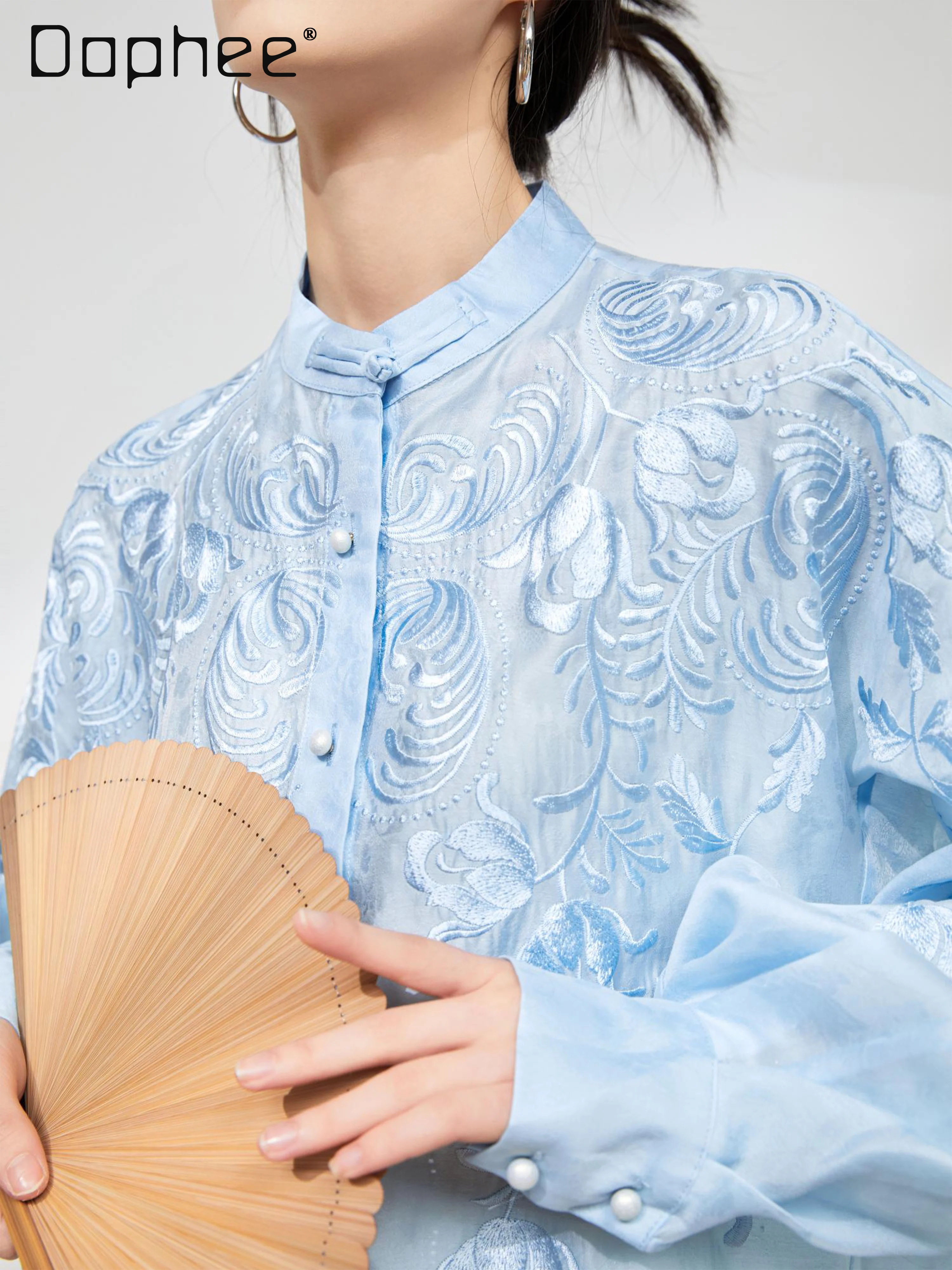 새로운 중국 스타일 수 놓은 셔츠 하이 엔드 라이트 럭셔리 스탠드 칼라 싱글 브레스트 긴팔 셔츠 여성 봄 여름
