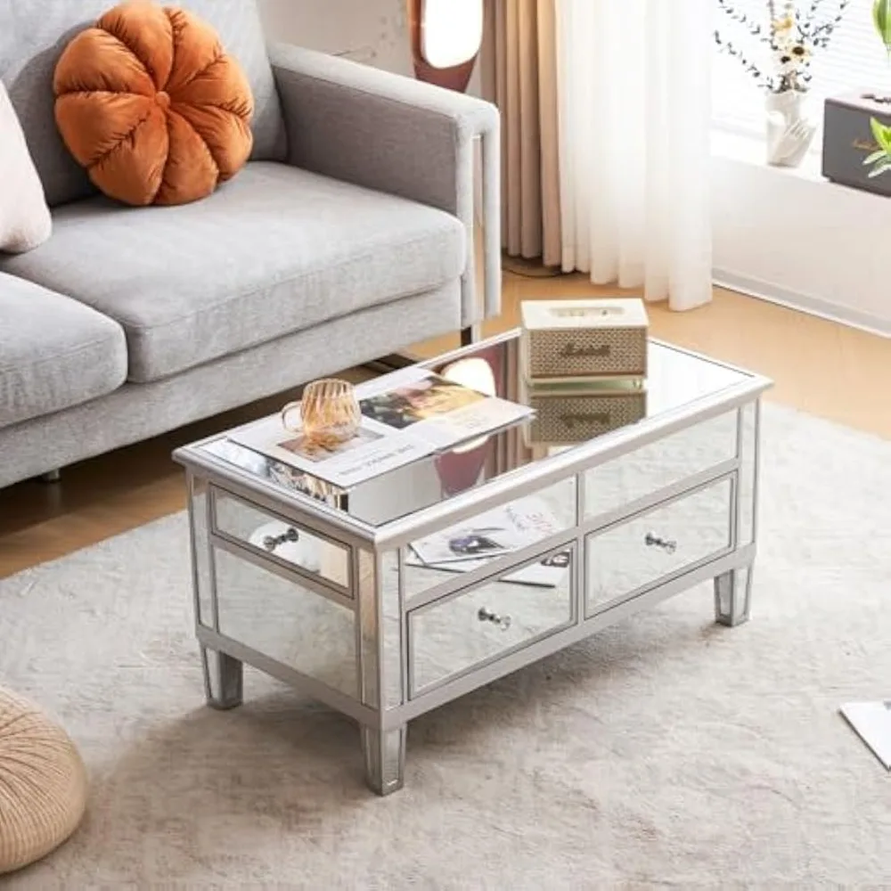 Mirrored Lift Top Coffee Table, Assembled Modern Coffee Table with Drawers for Living Room (Silver, 35'' x 19'' x 18'')