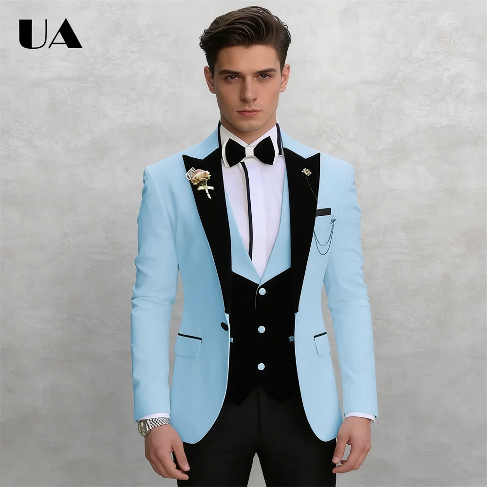 

Sky Blue 3-Piece Suit Set for Men, Formal Business Prom Suit Attire (Jacket Vest Pants) Tailored Men's Slim Fitting Suit Tuxedo