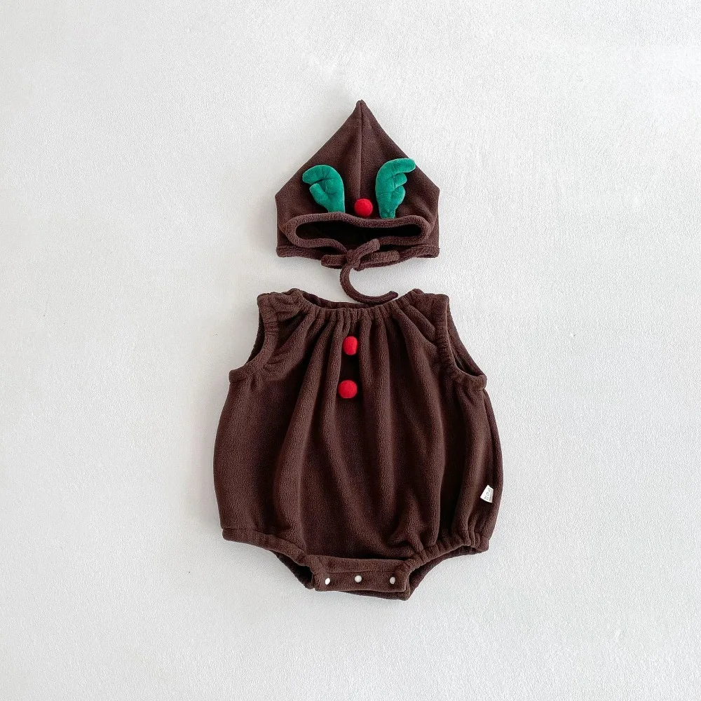 Fashion Cartoon Rompers Set Cotton Christmas Costume Hooded Vest Sleeveless with Hat Jumpsuit Baby Boys Girls