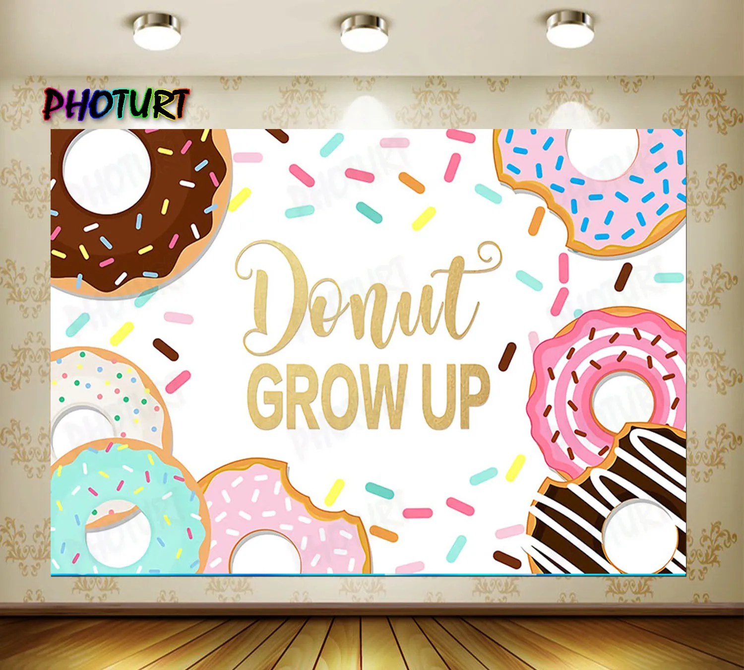 PHOTURT Custom Sweet Donut Backdrop Baby Shower Birthday Background Banner Chocolate Pink Vinyl Photography Photo Studio Prop