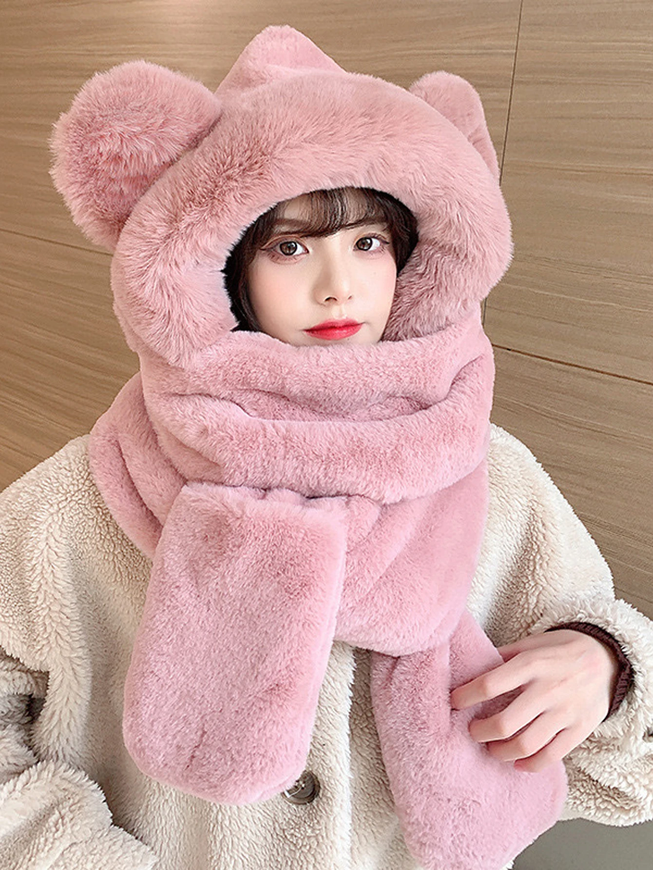 Autumn and Winter Cute Plush Hat Women's 3-Piece Scarf Glove One piece Thick Fury Outdoor Windproof and Warm Hat